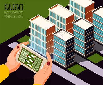 房地产增强现实等距彩色背景与公寓大城市矢量插图图片
