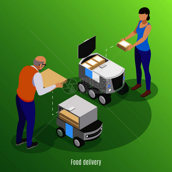 食物递送等距背景与人们装载盒与比萨饼寿司自驱动机器人汽车矢量插图图片