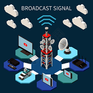 电脑USB接口广播等距成与卫星天线电子设备三维矢量插图插画