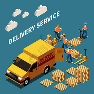 送货服务等距成与工人装载货物三维等距矢量插图图片