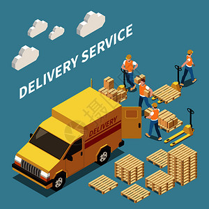 送货服务等距成与工人装载货物三维等距矢量插图图片