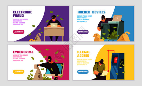 三个黑客水平横幅电子欺诈黑客设备网络犯罪访问标题矢量插图图片