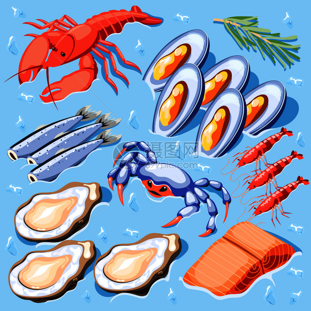 鱼类超食物等距海报与贻贝,小龙虾,螃蟹,虾,牡蛎,龙虾图标矢量插图图片