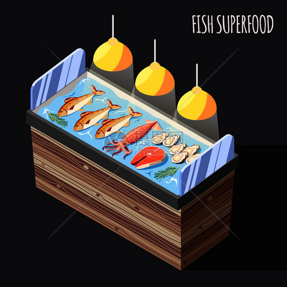 鱼超食品等距背景与新鲜产品冰矢量插图图片