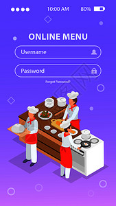 等距登录形式背景与人们烹饪餐厅厨房三维矢量插图图片