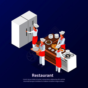 餐厅工作人员厨房饭,蓝色背景等距三维矢量插图图片