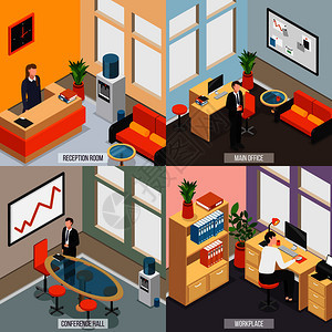 四个正方形等距办公室图标与接待室,主要办公室,会议厅工作场所描述矢量插图图片
