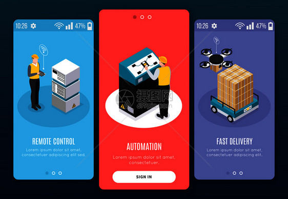等距智能行业横幅与远程控制自动化快速交付标题矢量插图图片