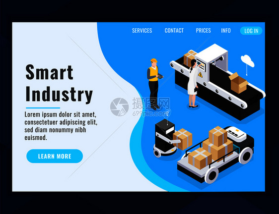 等距智能行业登陆页成与学更多的按钮链接矢量插图图片