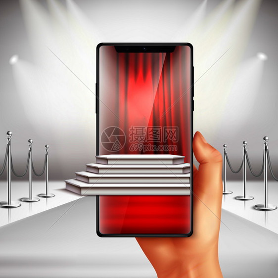 全屏智能手机红地毯颁奖典礼准备与增强现实应用现实构图矢量插图图片