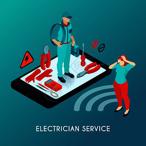 电工线服务等距成与修理工制服与工具设备智能手机屏幕矢量插图图片