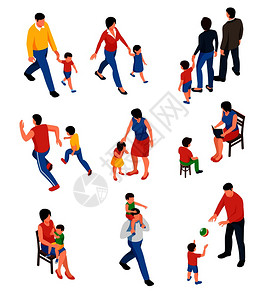 家庭等距与父母玩步行与他们的孩子矢量插图图片