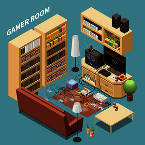 游戏玩家等距成与室内视野的客厅与家具架控制台矢量插图图片