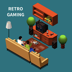游戏玩家等距构图与家庭房间家具的图像与电视游戏设备人矢量插图图片