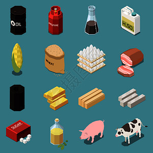 商品图标等距收集16个图像与工业制成品与动物食品矢量插图图片