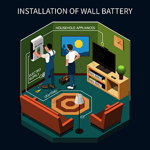 电等距成与室内视图的房间,两名工人安装电源墙壁矢量插图图片