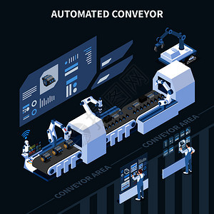 智能工业智能制造等距成与自动化装配线,现代手臂机械手全息屏幕矢量插图图片