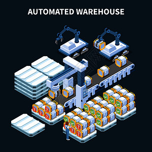 智能工业智能制造等距成与自动手臂机械手输送机存储罐矢量插图的图像图片