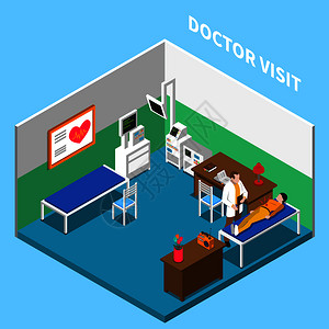 医院等距室内构图与文字室内风景的医生办公室与设备家具矢量插图图片