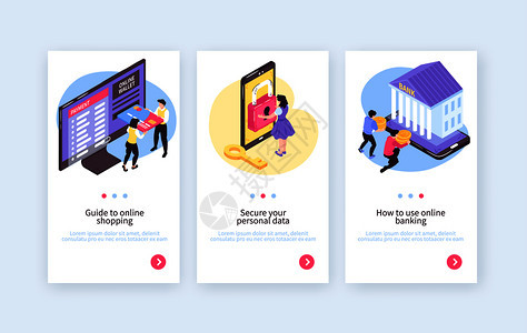 等距线手机银行垂直横幅收集与文字按钮图像的人电子矢量插图图片