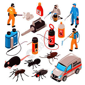 害虫防治消服务等距图标与蚂蚁鼠蟑螂专业灭鼠队设备矢量插图图片