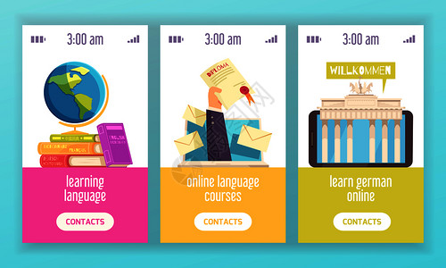 语言培训中心3个垂直彩色横幅广告认证线课程与字典文凭平矢量插图图片