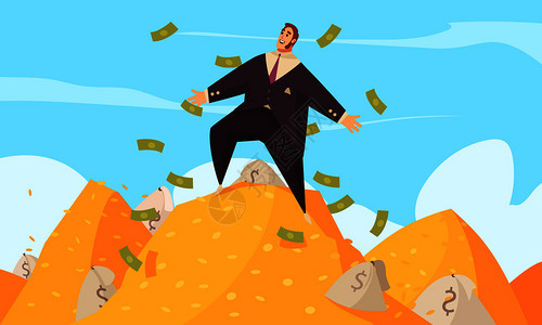 富人财富象征卡通构图与百万富翁宝座上的黄金坐骑沐浴金钱矢量插图