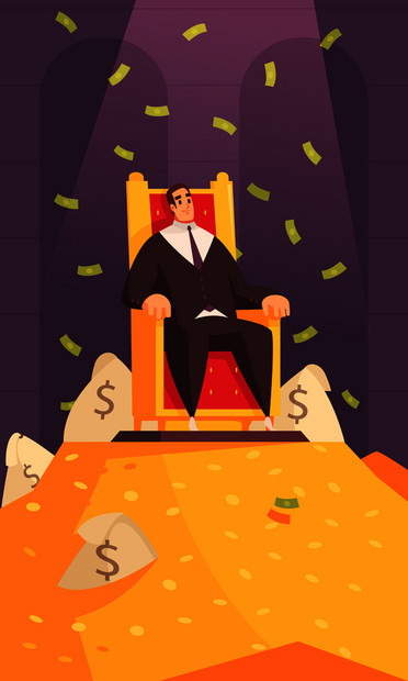 富人财富象征卡通构图与百万富翁宝座上的黄金坐骑沐浴金钱矢量插图图片