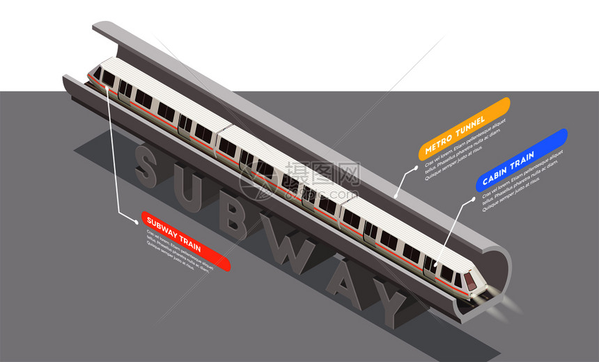 隧道三维矢量图中地铁列车的运输等距成图片