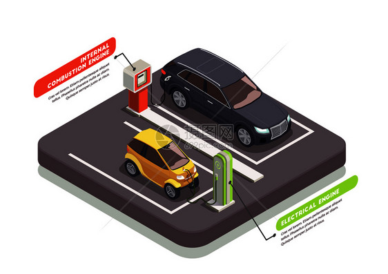 运输等距成与两辆汽车充电站加油站三维矢量插图图片