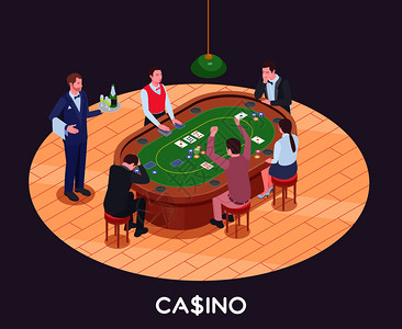 疫情风险告知卡人们赌场大厅玩扑克等距构图三维矢量插图插画