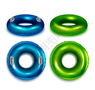 充气现代彩色橡胶游泳圈真实顶部侧视图蓝色绿色孤立矢量插图图片