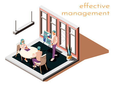 效的管理等距成与文本房间内部与群人工作会议矢量插图图片