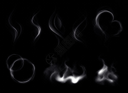 蒸汽烟雾与环漩涡形状真实白色暗透明背景隔离矢量插图图片