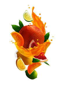 柑橘汁彩色成分与现实的新鲜水果飞溅的果汁白色背景矢量插图图片