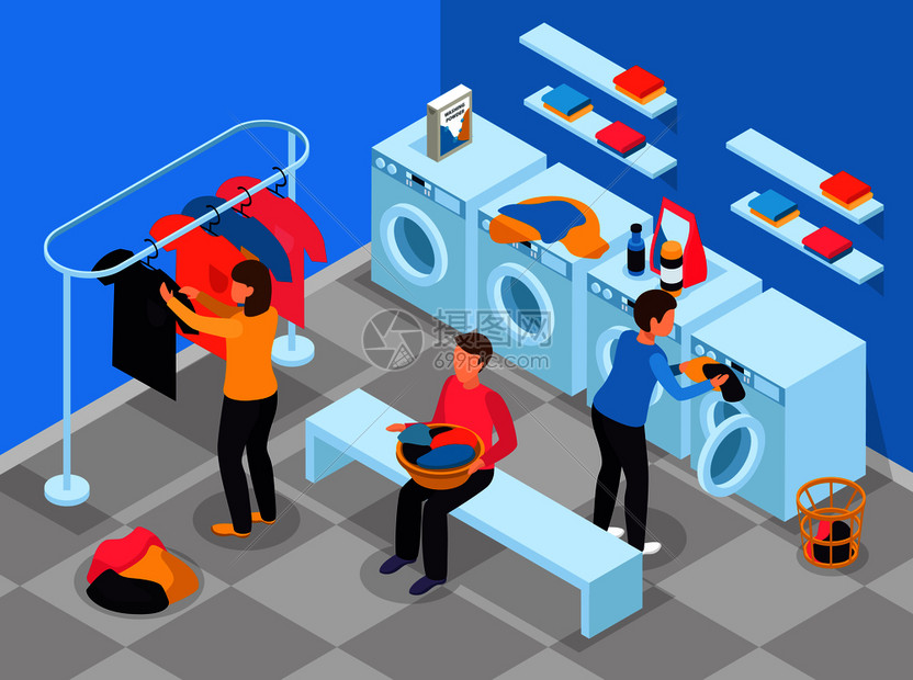 洗衣房等距成与室内的洗衣房与洗衣机洗涤剂人的矢量插图