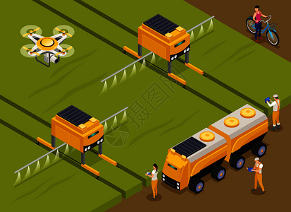 农业自动化机器人作物上施肥喷洒农药,监测区域无人机等距成矢量图背景图片