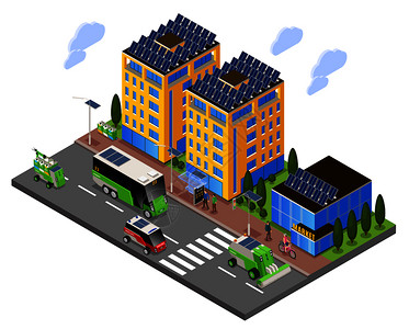 智能城市生态等距成与街道视图的太阳能动力建筑电动运输矢量插图图片