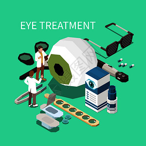 眼科等距成与眼科医生仪器药物的眼睛治疗三维矢量插图图片