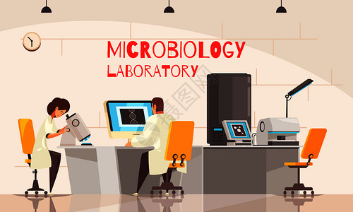 微生物学实验室背景成与室内视图实验室房间与工作的科学家与文本矢量插图图片