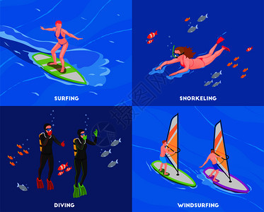 四个正方形水运动等距冲浪浮潜潜水风帆描述矢量插图图片