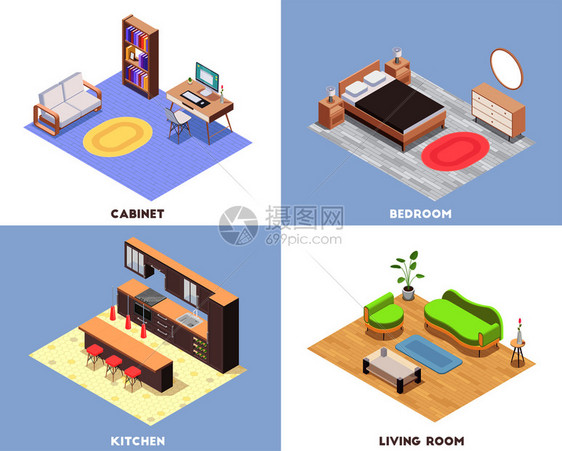 四格室内家具等距集与橱柜卧室厨房客厅描述矢量插图图片