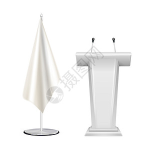 论坛台演讲台与2个麦克风现实空白白色特写构图孤立矢量插图图片