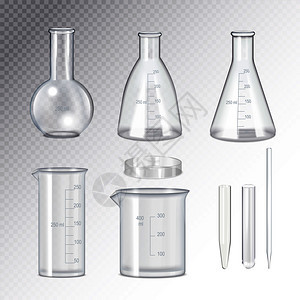 实验室质量科学璃器皿收集真实试管瓶烧杯透明背景隔离矢量插图图片