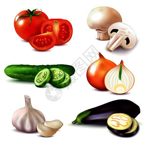套现实蔬菜与切片天然蘑菇片成熟的生水果矢量插图图片