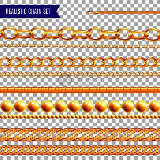 套现实链透明彩色图像与黄金珠宝,各种图案同形状的矢量插图图片