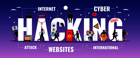 黑客排版横幅与网络攻击符号平矢量插图图片