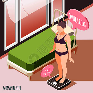 女健康等距背景与轻孕妇站地板秤检查她的体重矢量插图图片
