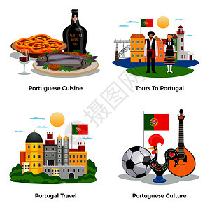 葡萄牙旅游图标与美食文化符号平孤立矢量插图图片