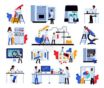 制药实验室研究化学科学家了成的人类字符实验室设备家具矢量插图图片